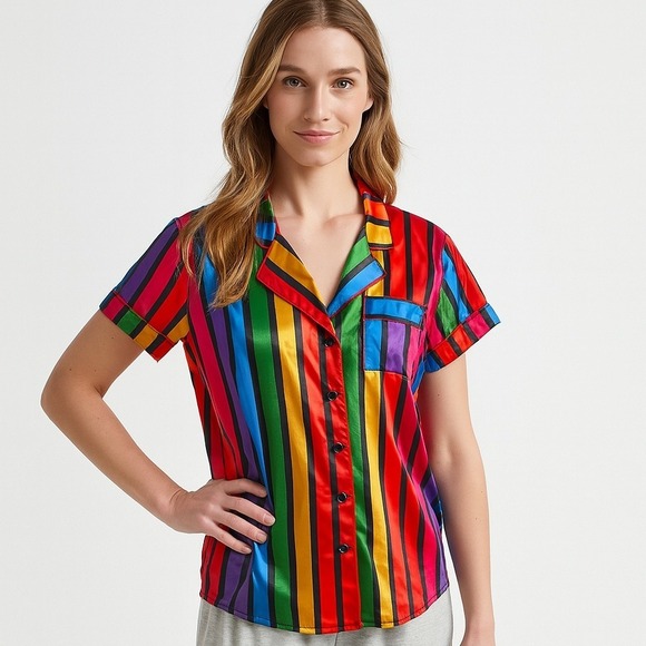 Show‎ Me Your Mumu Sleep Shirt Rainbow Striped Button Up Top Short Sleeve XL - Picture 1 of 8